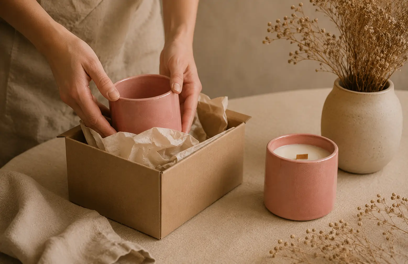 Hands holding an empty handmade ceramic candle vessel