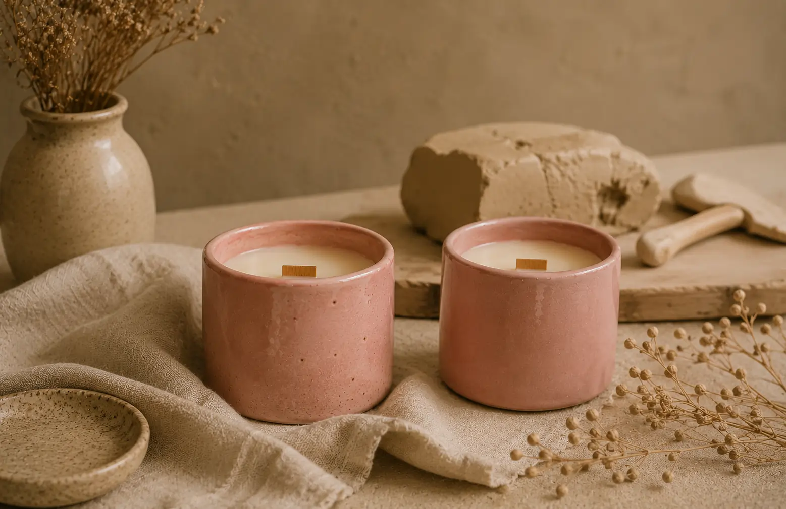 Handmade ceramic candle among ceramic craft tools and vessels